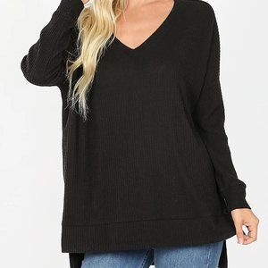 ➖SALE➖JO LS THERMAL WAFFLE V-NECK HI-LOW IN BLACK